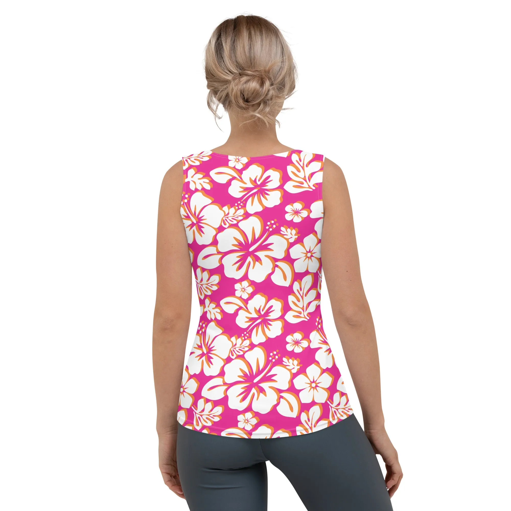 Hot Pink, Orange and White Hawaiian Flowers Women's Athletic Swim Tank Top