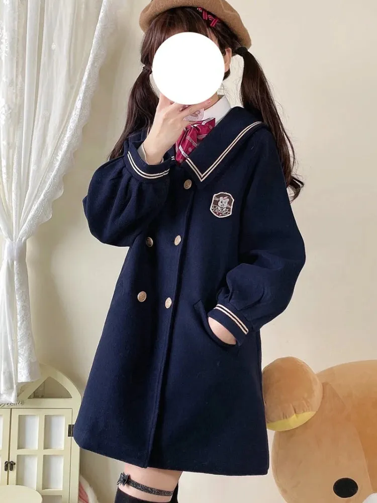 JK Style Girls Warm Wool Blends Straight Women Long Hooded Coat Jacket 2023 Winter Belt Button Female Warmness Preppy Outwear