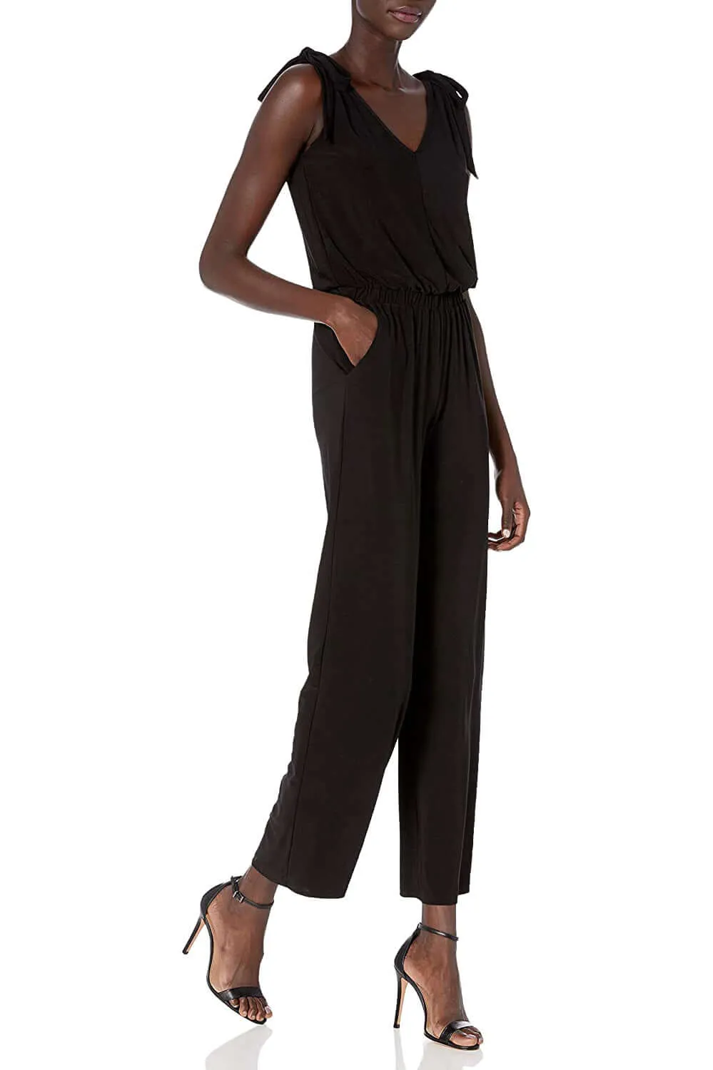 Laundry V-Neck Tie Shoulder Blouson Elastic Waist Solid Jumpsuit