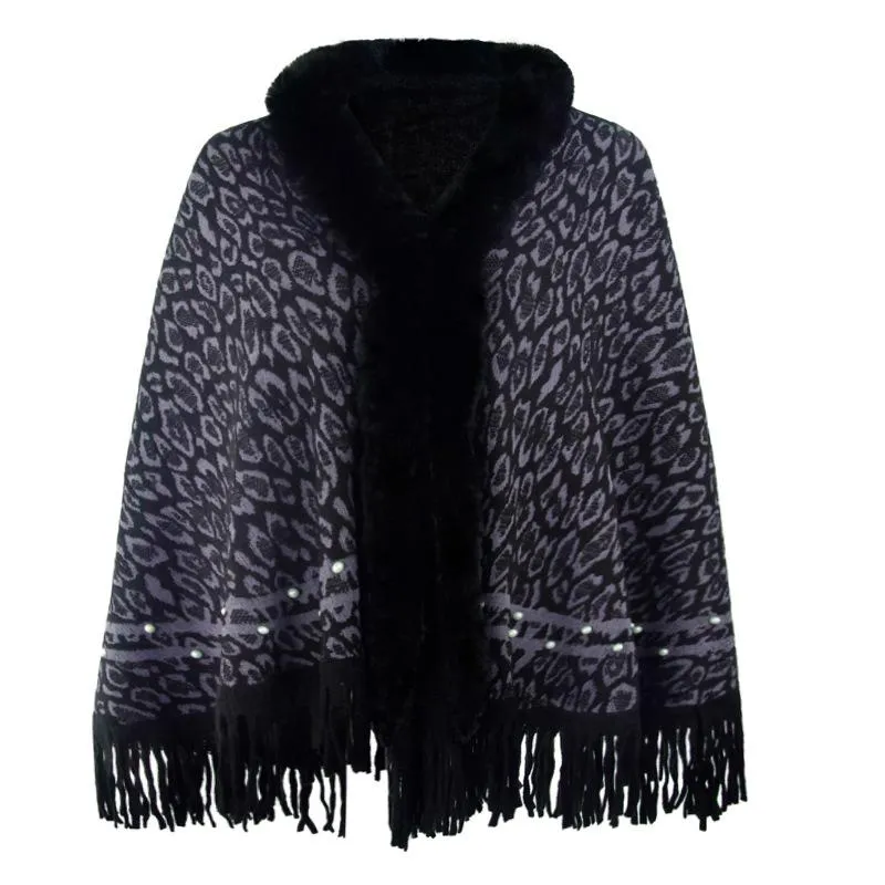 Leopard print fur collar coat with fringed hem keep warm knitted bib shawl women