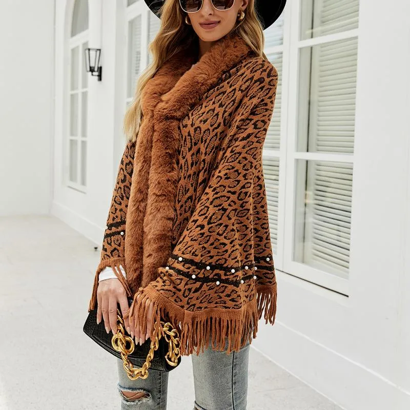 Leopard print fur collar coat with fringed hem keep warm knitted bib shawl women