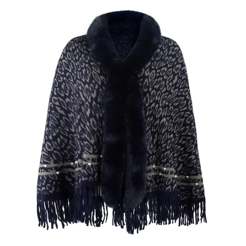 Leopard print fur collar coat with fringed hem keep warm knitted bib shawl women