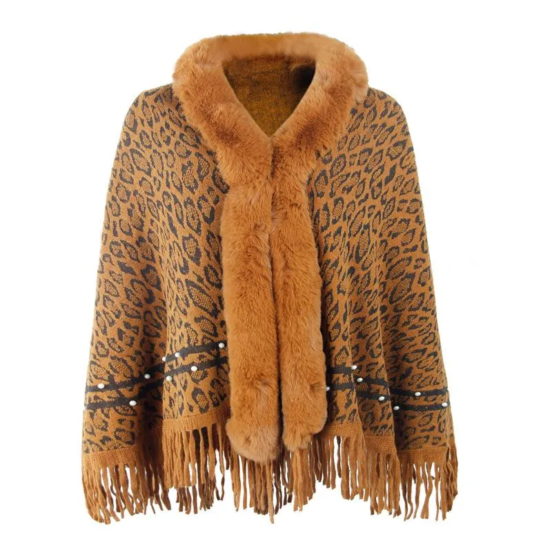 Leopard print fur collar coat with fringed hem keep warm knitted bib shawl women