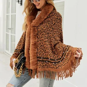 Leopard print fur collar coat with fringed hem keep warm knitted bib shawl women