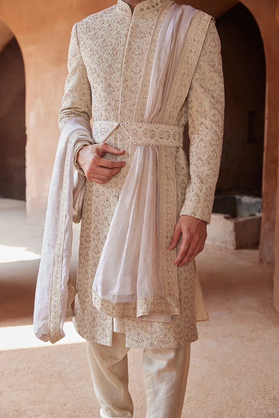 LIGHT BEIGE RAW SILK EMBROIDERED SHERWANI  KURTA CHURIDAR SET