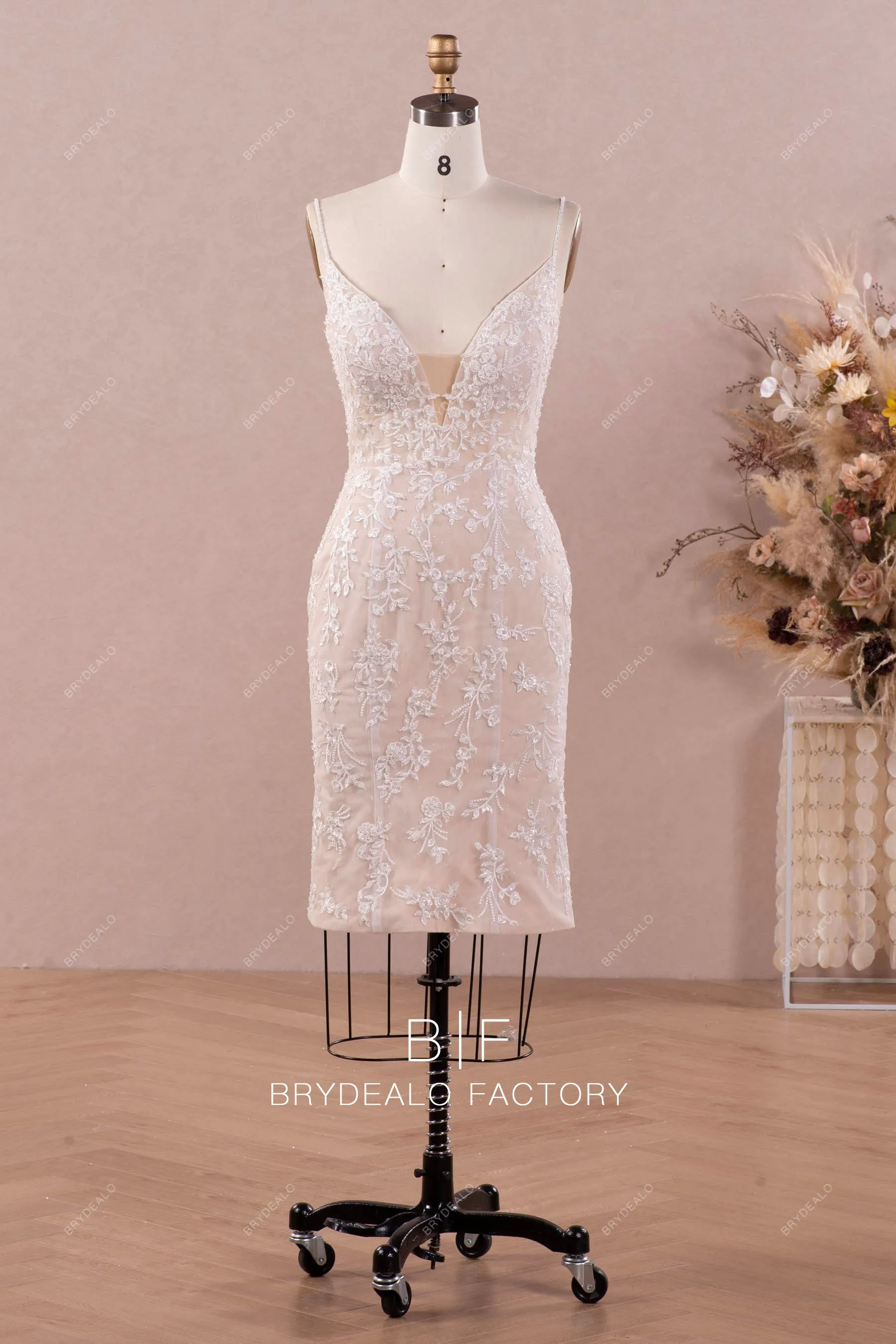 Light Champagne Shimmer Sleeveless Lace Plunging Neck Bridal Dress