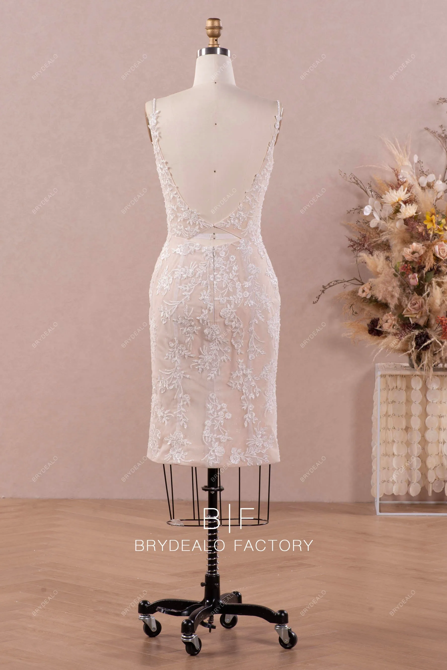 Light Champagne Shimmer Sleeveless Lace Plunging Neck Bridal Dress