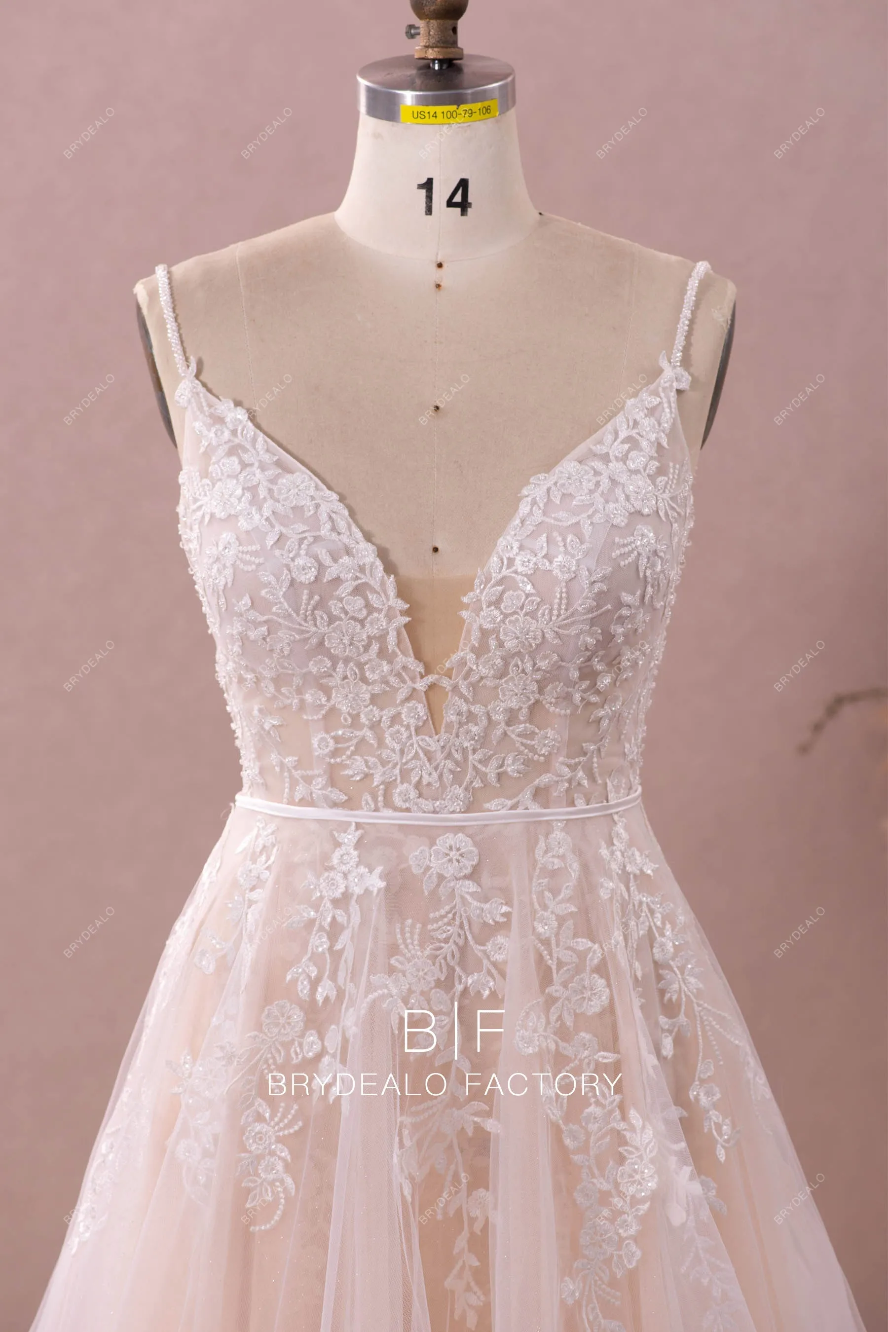 Light Champagne Shimmer Sleeveless Lace Plunging Neck Bridal Dress