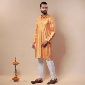 Light Orange - Men Tussar Ghicha Silk Handloom Long Kurta