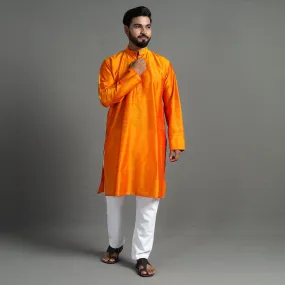 Light Orange - Plain Dyed Slub Silk Men Long Kurta