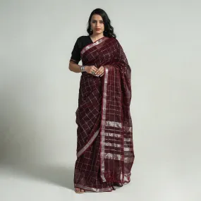 Maroon - Mangalagiri Handloom Silk Cotton Check Saree with Zari Border