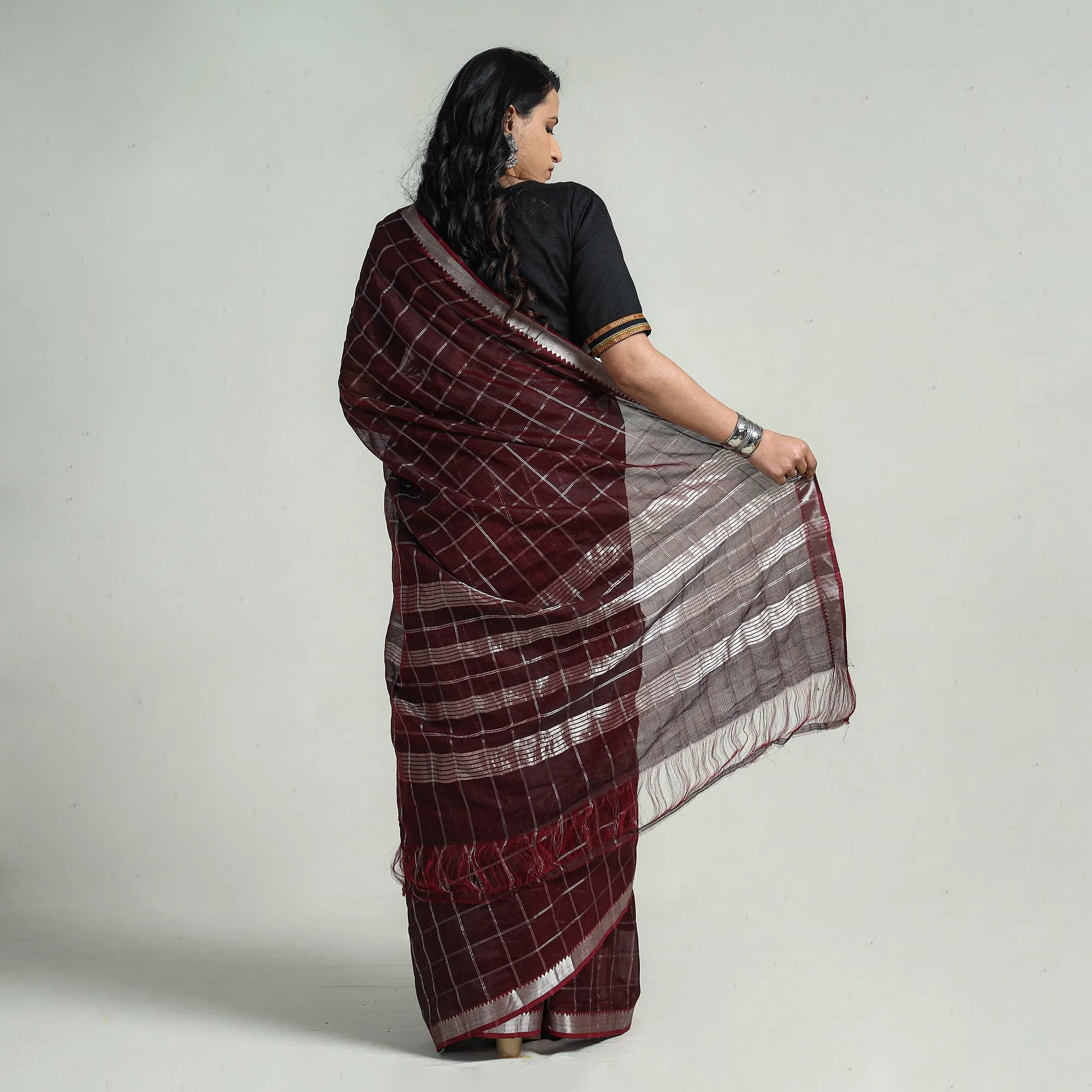 Maroon - Mangalagiri Handloom Silk Cotton Check Saree with Zari Border