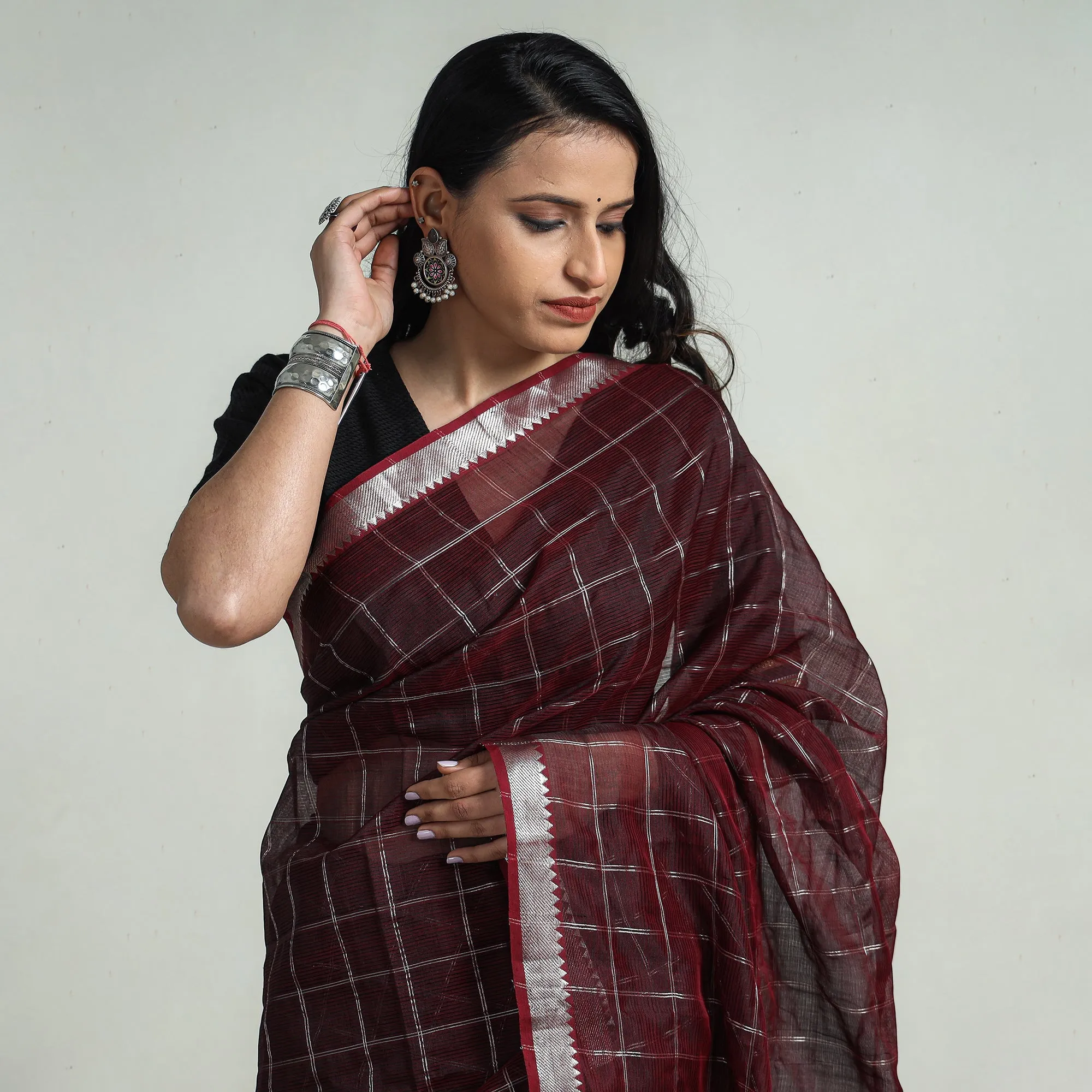 Maroon - Mangalagiri Handloom Silk Cotton Check Saree with Zari Border