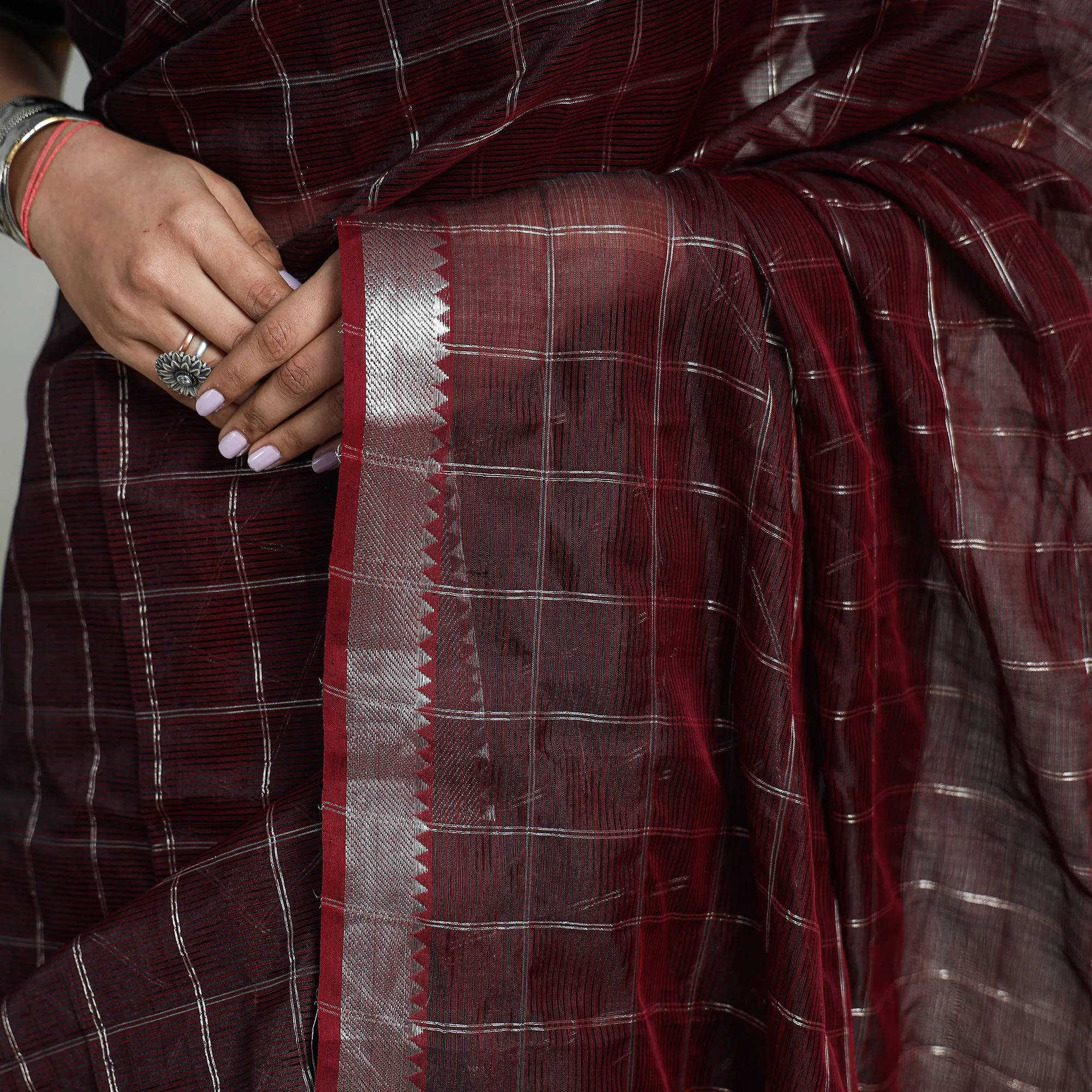 Maroon - Mangalagiri Handloom Silk Cotton Check Saree with Zari Border