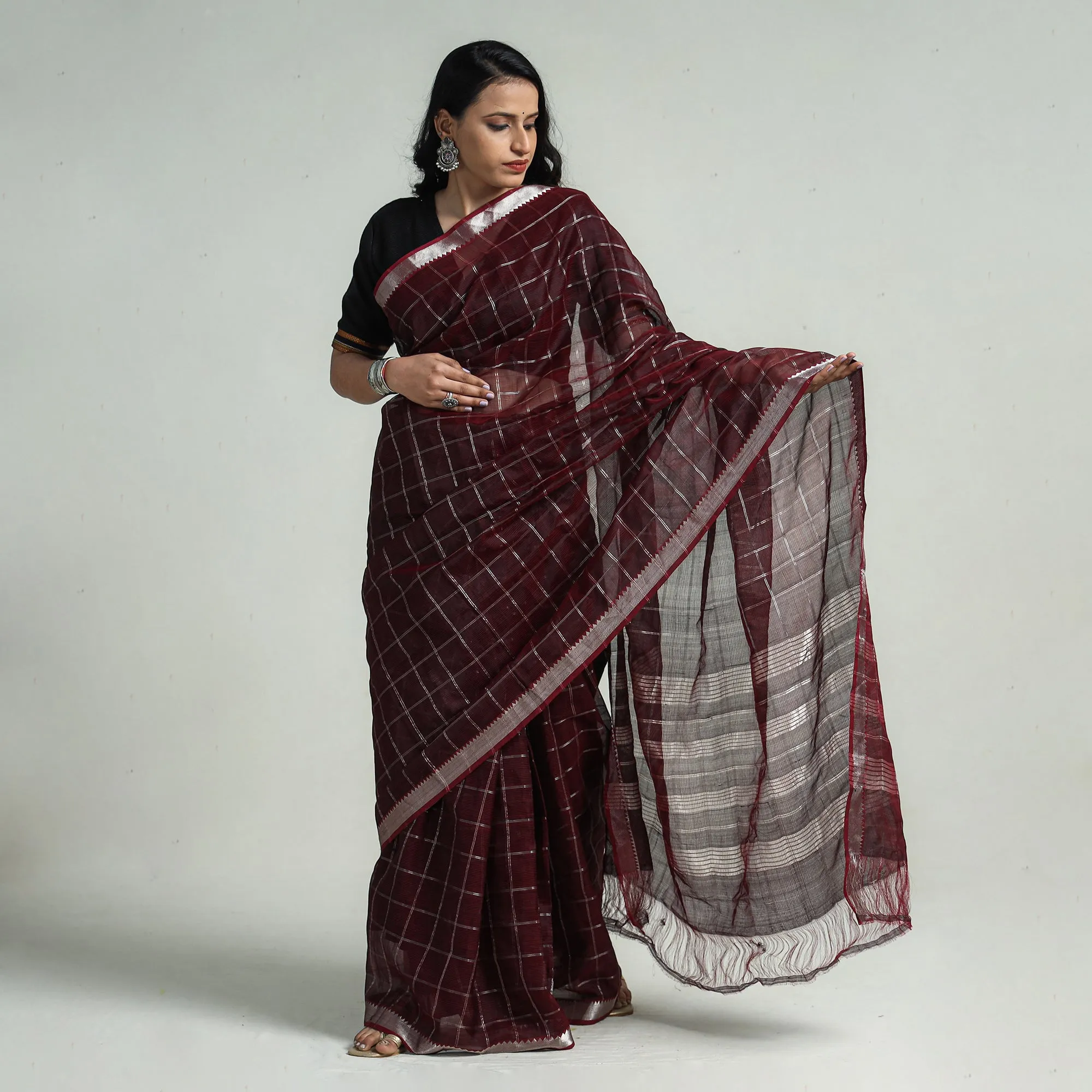 Maroon - Mangalagiri Handloom Silk Cotton Check Saree with Zari Border