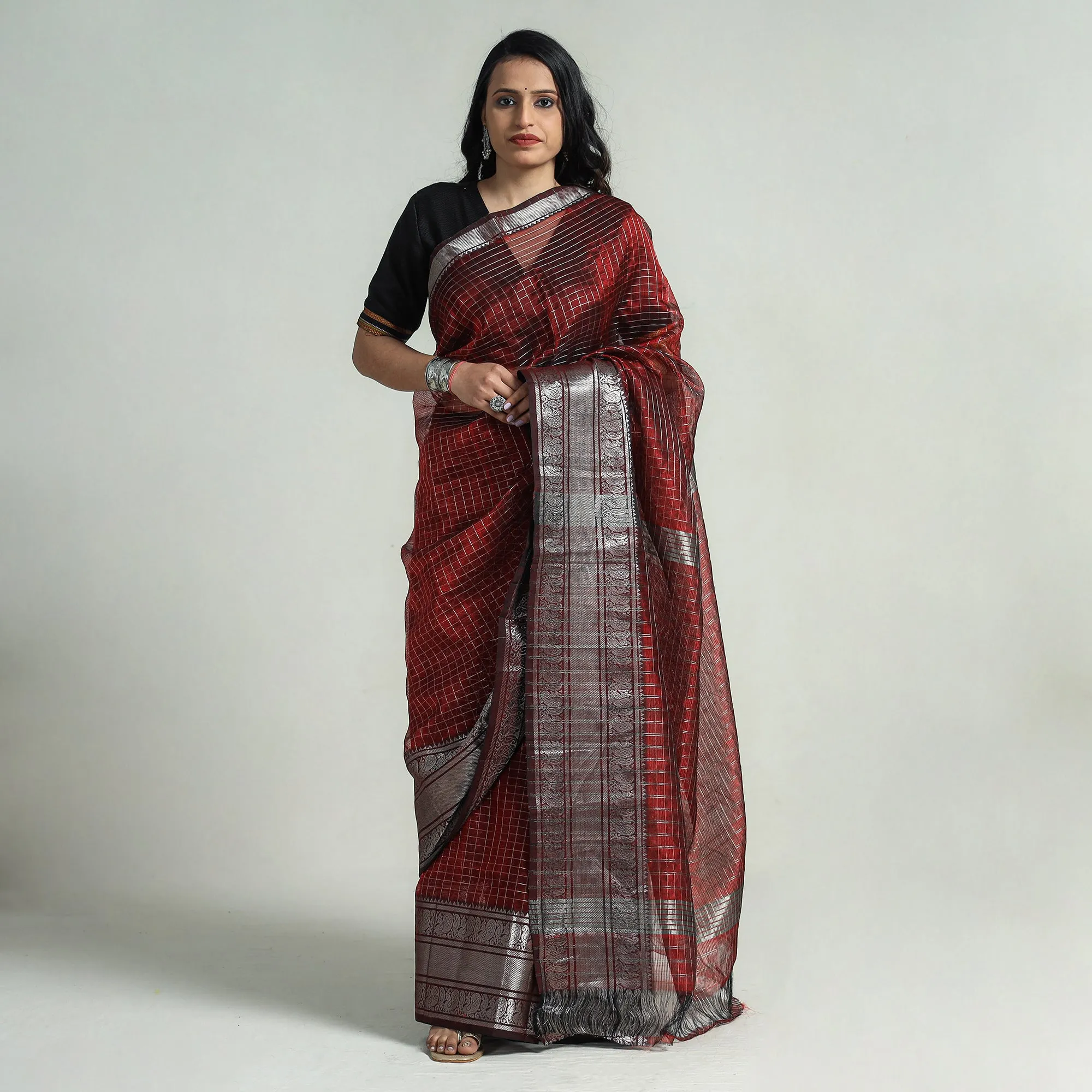 Maroon - Mangalagiri Handloom Silk Cotton Small Check Saree with Zari Border