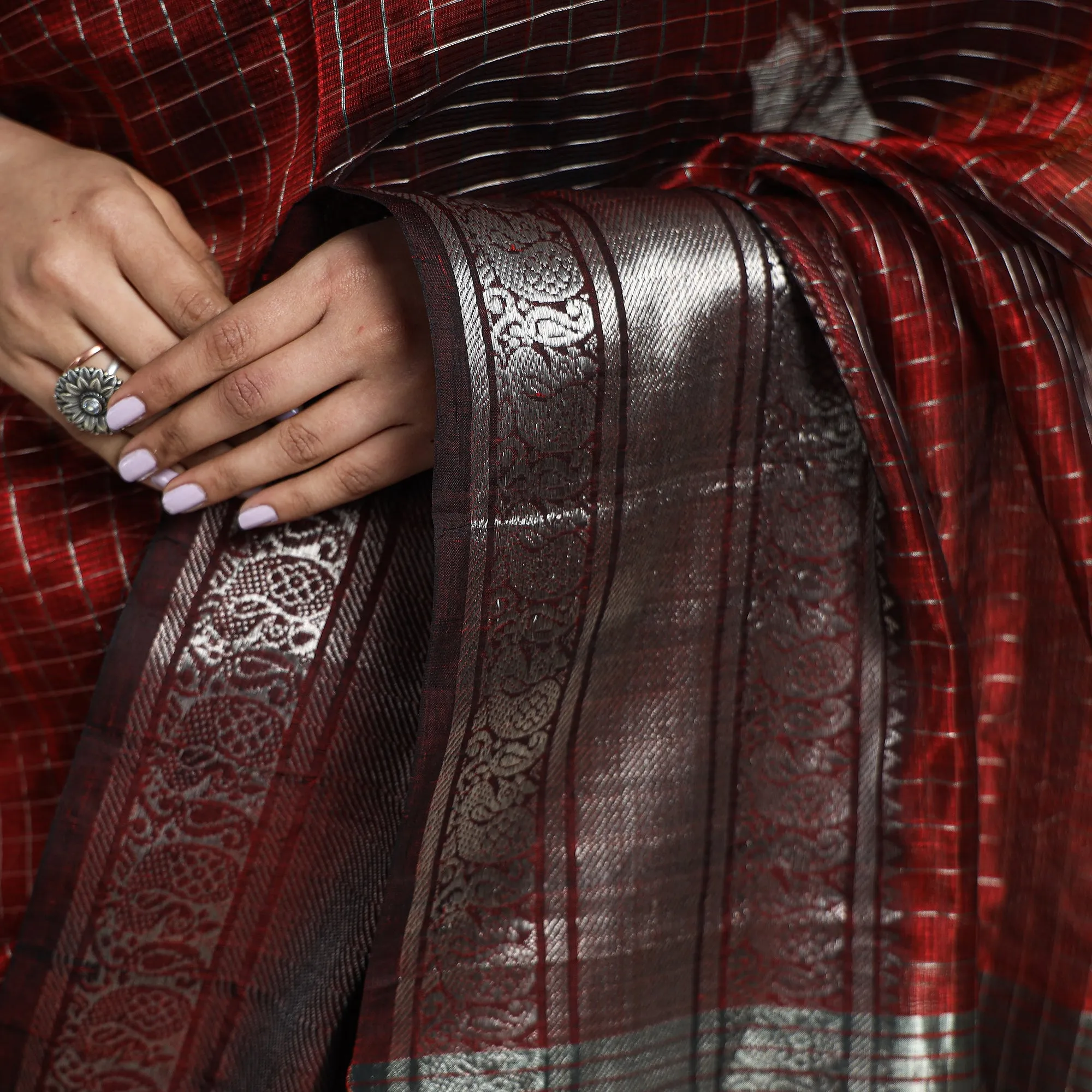 Maroon - Mangalagiri Handloom Silk Cotton Small Check Saree with Zari Border