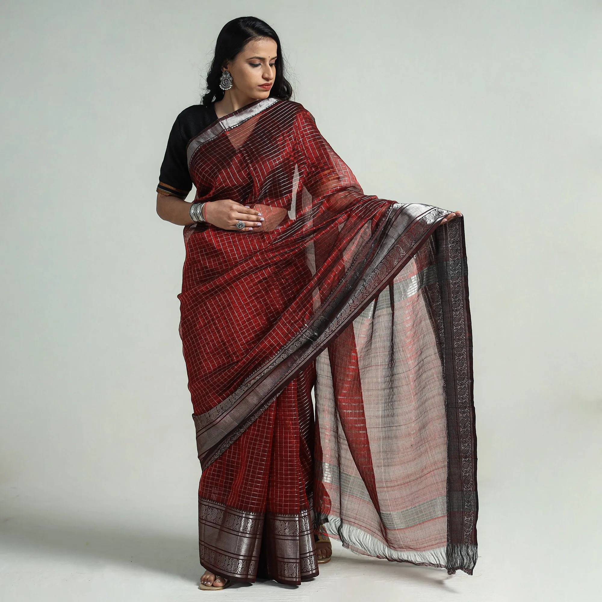 Maroon - Mangalagiri Handloom Silk Cotton Small Check Saree with Zari Border