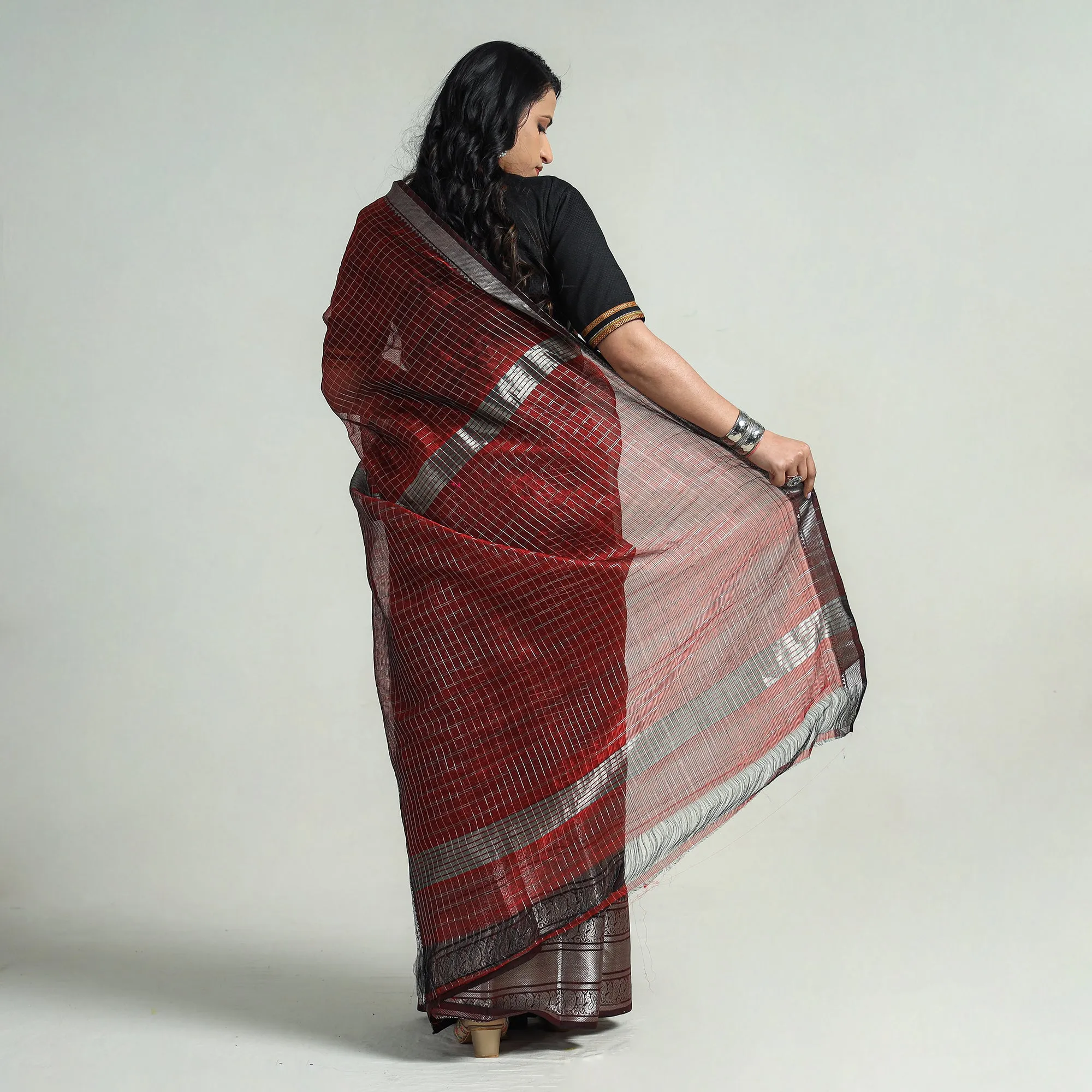 Maroon - Mangalagiri Handloom Silk Cotton Small Check Saree with Zari Border