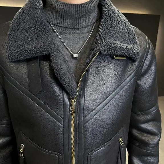 Men's Lamb Fur Lapel Leather Jacket – Thickened Motorcycle-Style Fur Coat