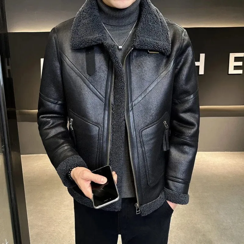 Men's Lamb Fur Lapel Leather Jacket – Thickened Motorcycle-Style Fur Coat