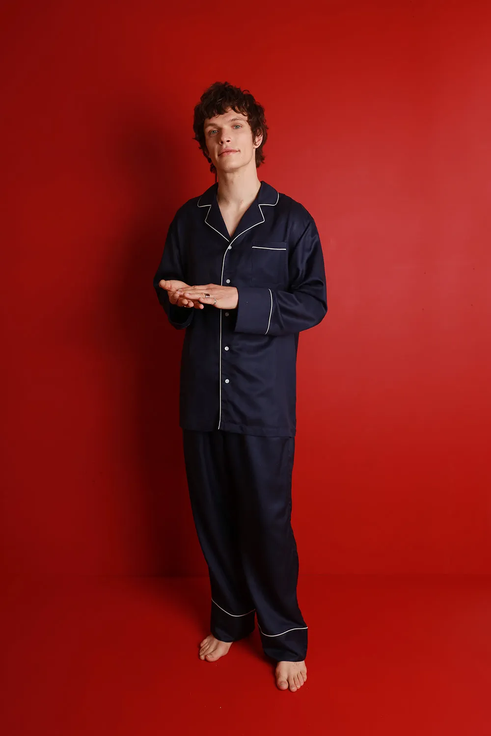 Men's Mulberry Silk Pyjamas - Midnight Navy with Ivory Piping