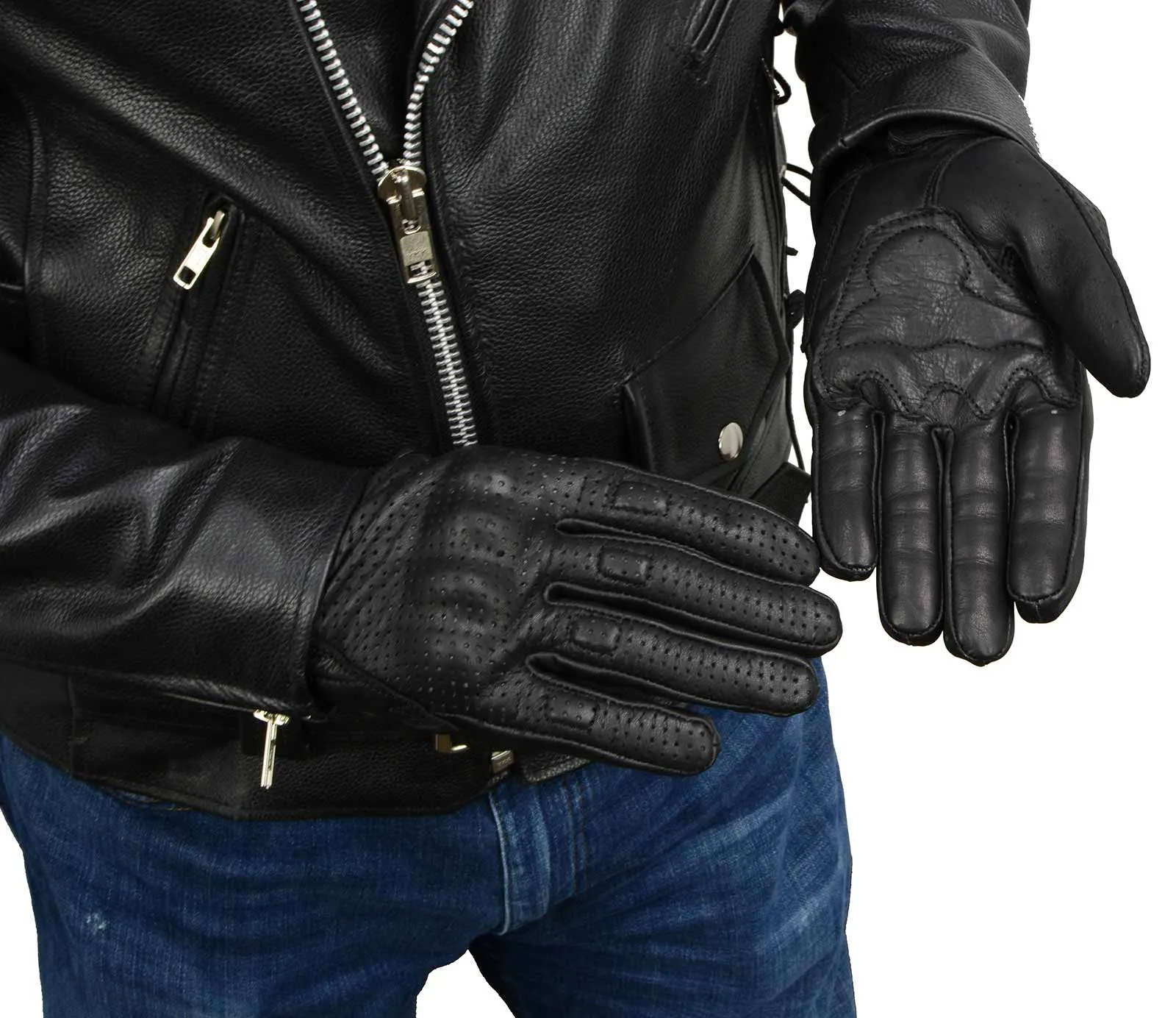 Milwaukee Leather MG7500 Men's Black Perforated Leather Gel Padded Palm Motorcycle Hand Gloves W/ 'Rubberized Hard Knuckle’ For Protection