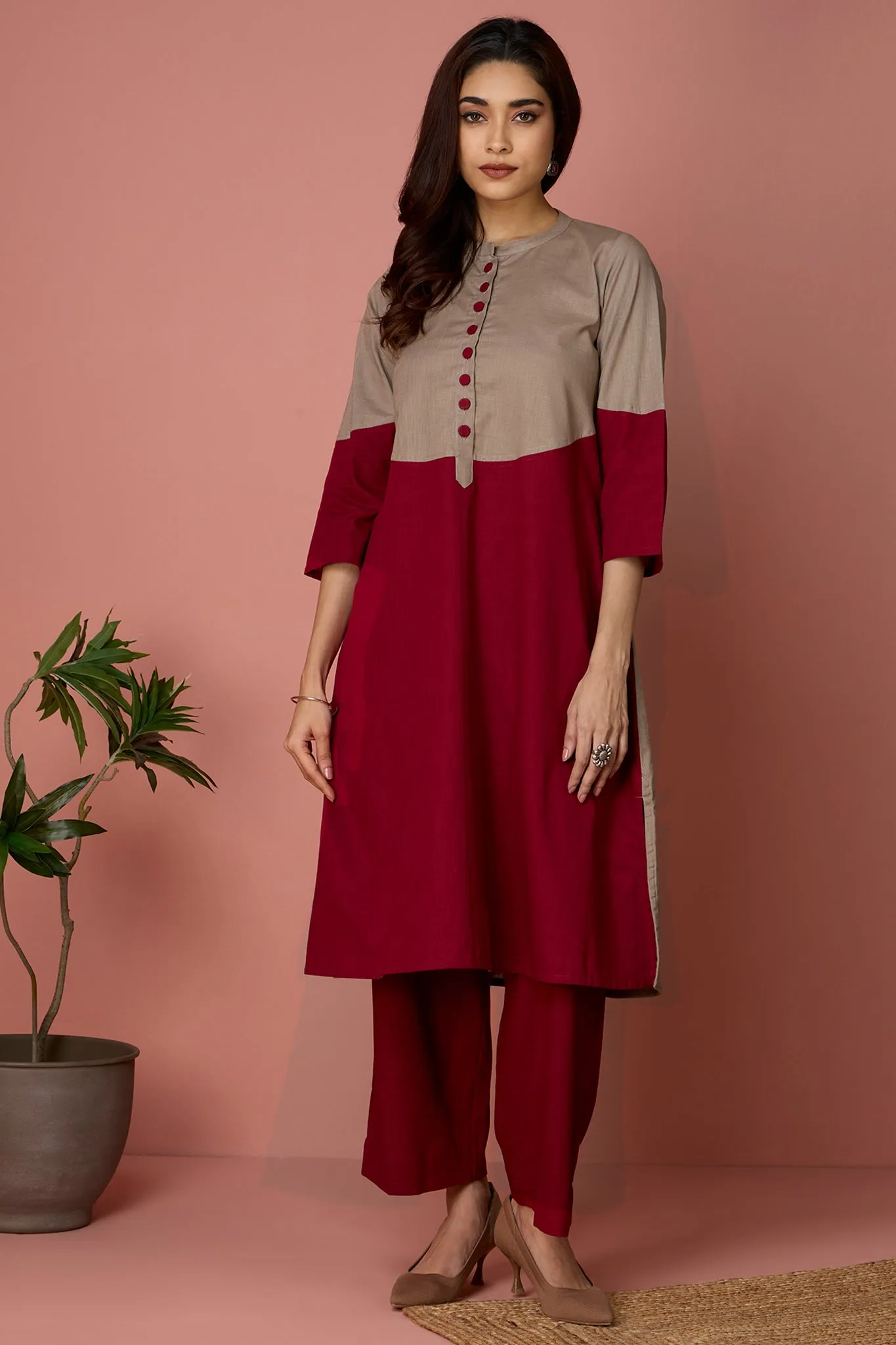 moon yoke kurta - Crimson & Taupe