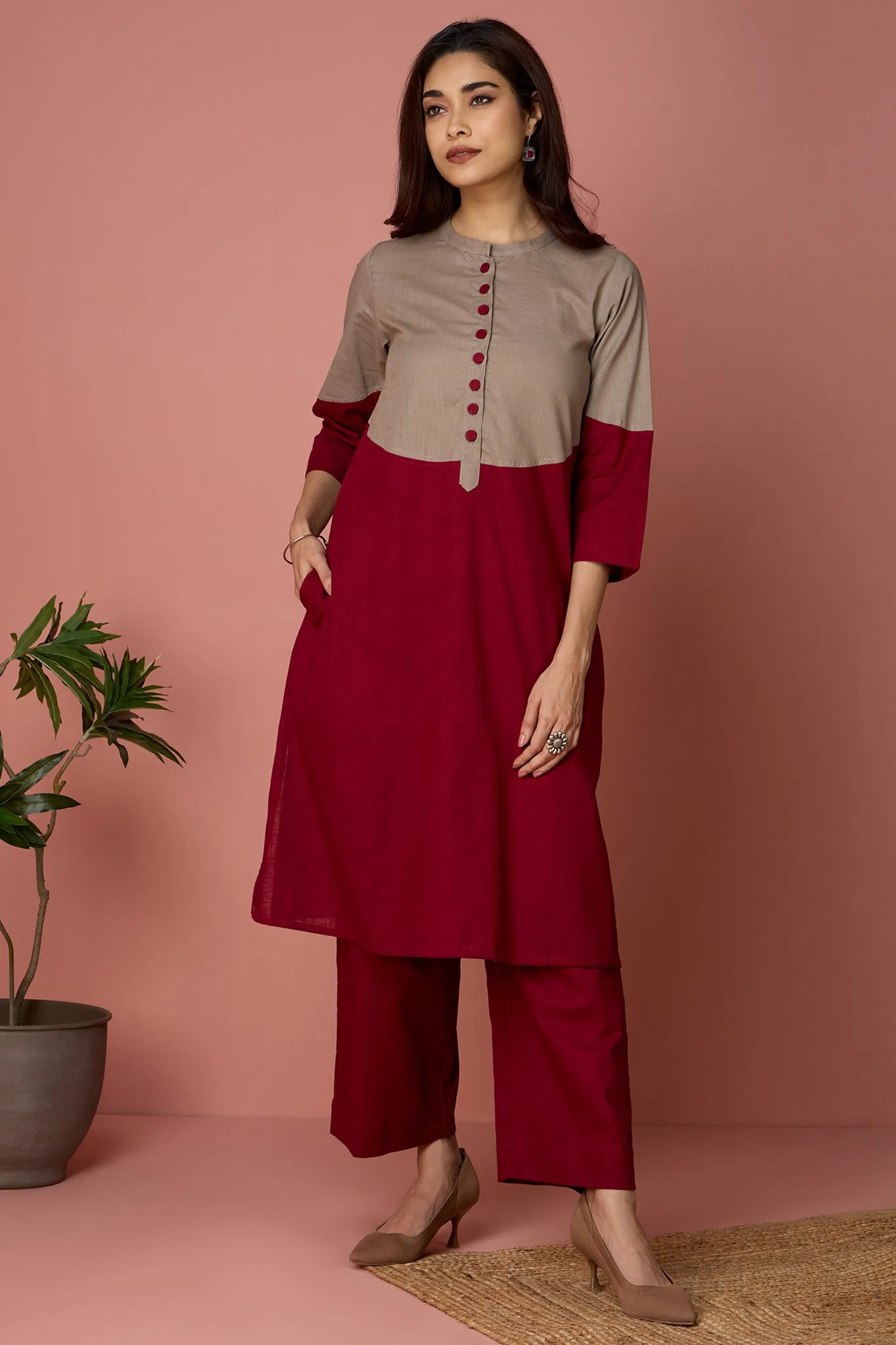 moon yoke kurta - Crimson & Taupe