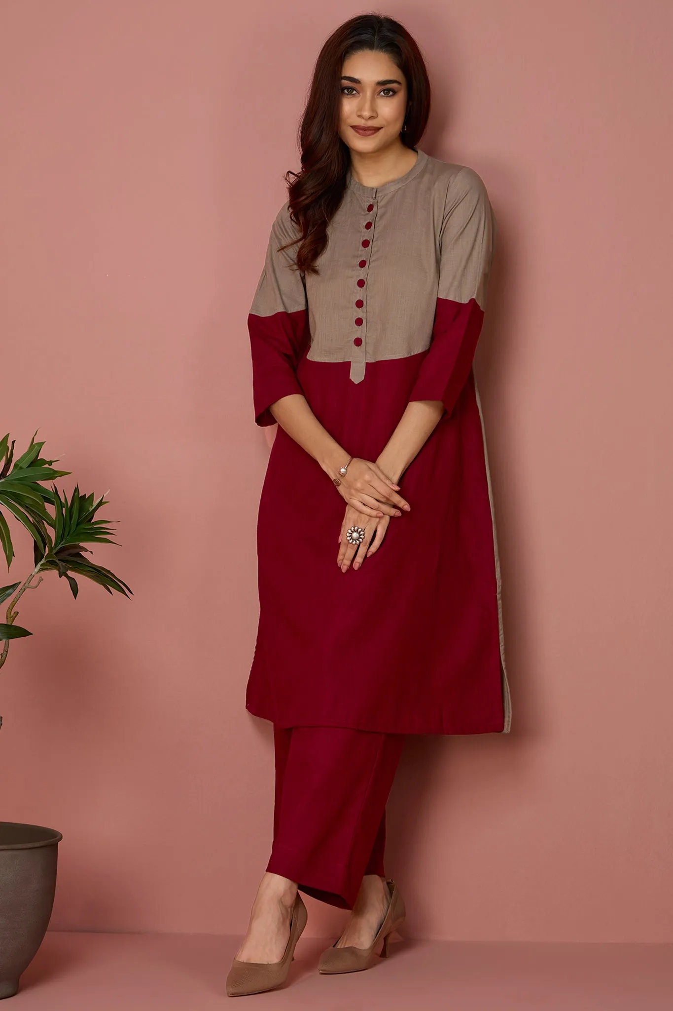 moon yoke kurta - Crimson & Taupe