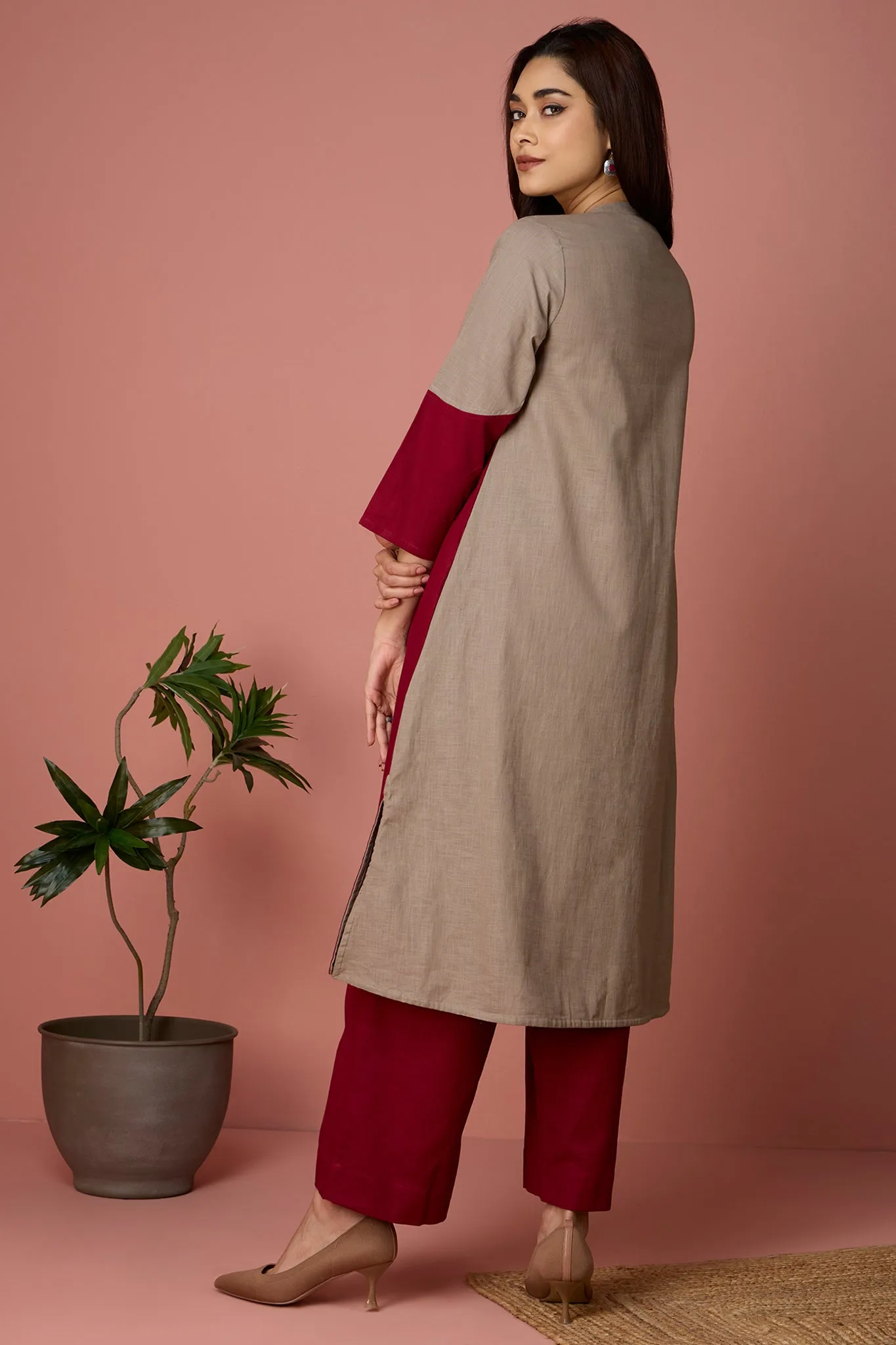 moon yoke kurta - Crimson & Taupe