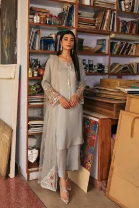 Natasha Kamal - Grey Raw Silk Coord Set with Net Dupatta - 3 Pieces