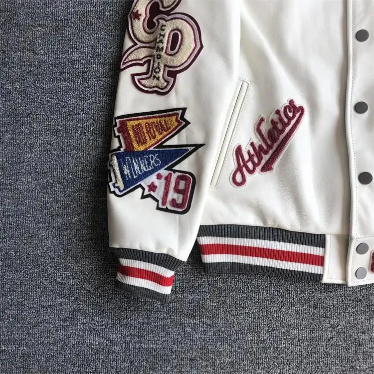 New Men's Winter Baseball Jacket - Retro Leather Jacket with Heavy Industry Embroidery, White Short Coat