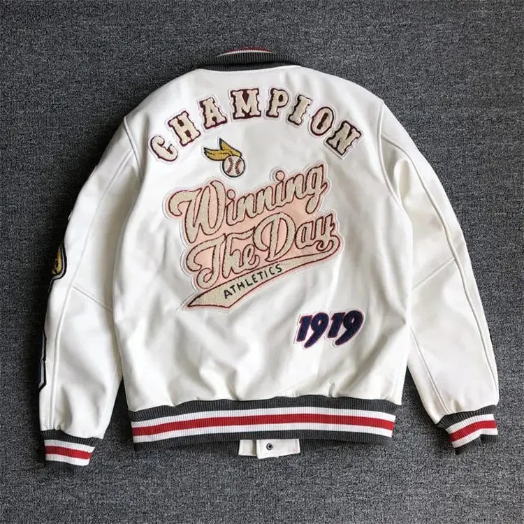 New Men's Winter Baseball Jacket - Retro Leather Jacket with Heavy Industry Embroidery, White Short Coat