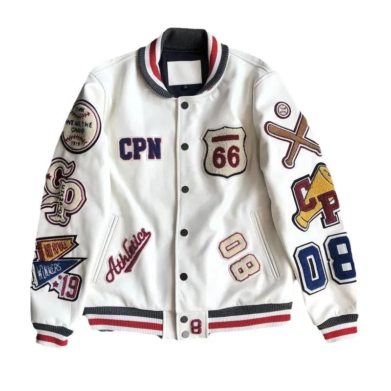 New Men's Winter Baseball Jacket - Retro Leather Jacket with Heavy Industry Embroidery, White Short Coat