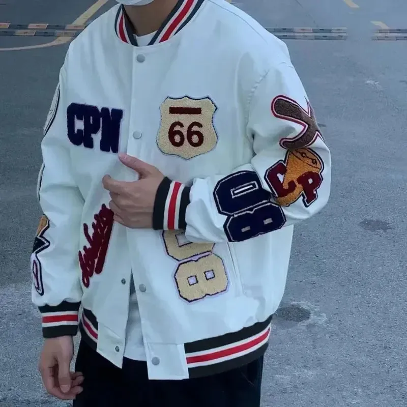 New Men's Winter Baseball Jacket - Retro Leather Jacket with Heavy Industry Embroidery, White Short Coat