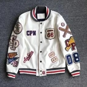 New Men's Winter Baseball Jacket - Retro Leather Jacket with Heavy Industry Embroidery, White Short Coat