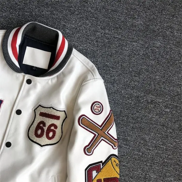 New Men's Winter Baseball Jacket - Retro Leather Jacket with Heavy Industry Embroidery, White Short Coat