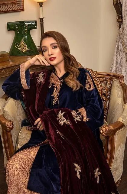 Nilofer Shahid - Crimson Blossom - Gorgeous Pure Navy Blue Velvet Angrakha - 3 Piece