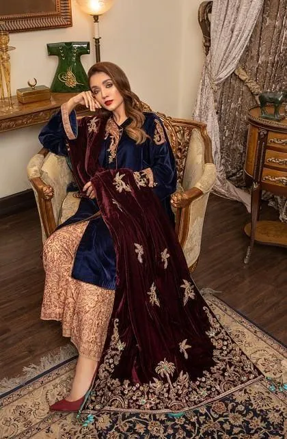 Nilofer Shahid - Crimson Blossom - Gorgeous Pure Navy Blue Velvet Angrakha - 3 Piece