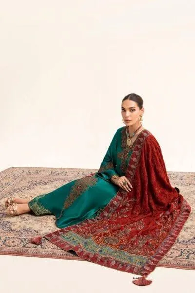 Nilofer Shahid - Tissue Silk Shirt & Khimkhaab Pants with Velvet Shawl - 3 Piece