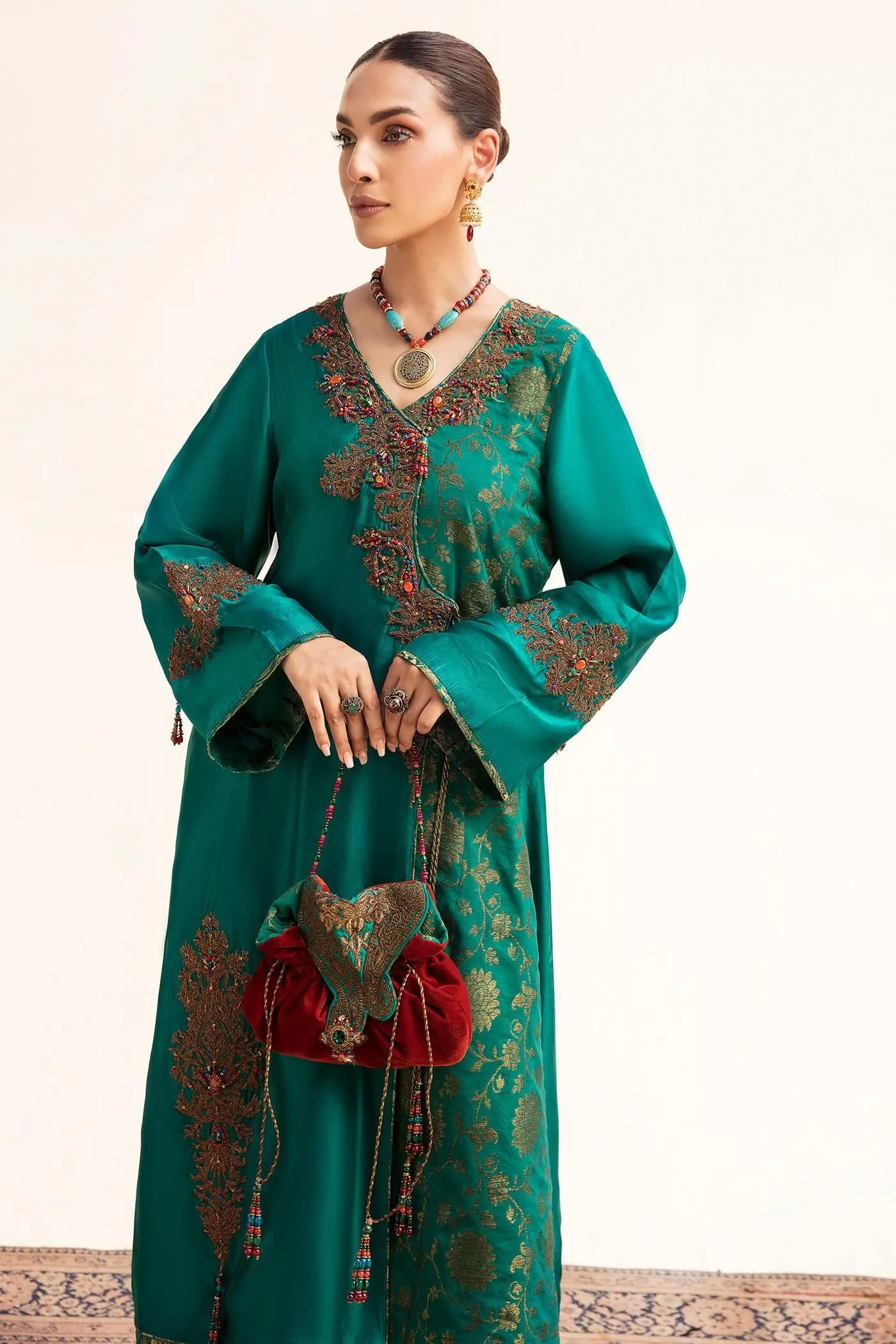 Nilofer Shahid - Tissue Silk Shirt & Khimkhaab Pants with Velvet Shawl - 3 Piece