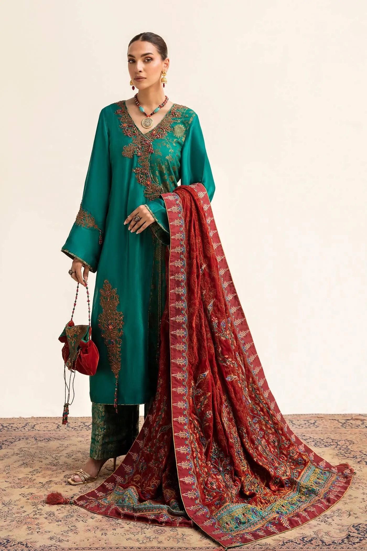 Nilofer Shahid - Tissue Silk Shirt & Khimkhaab Pants with Velvet Shawl - 3 Piece