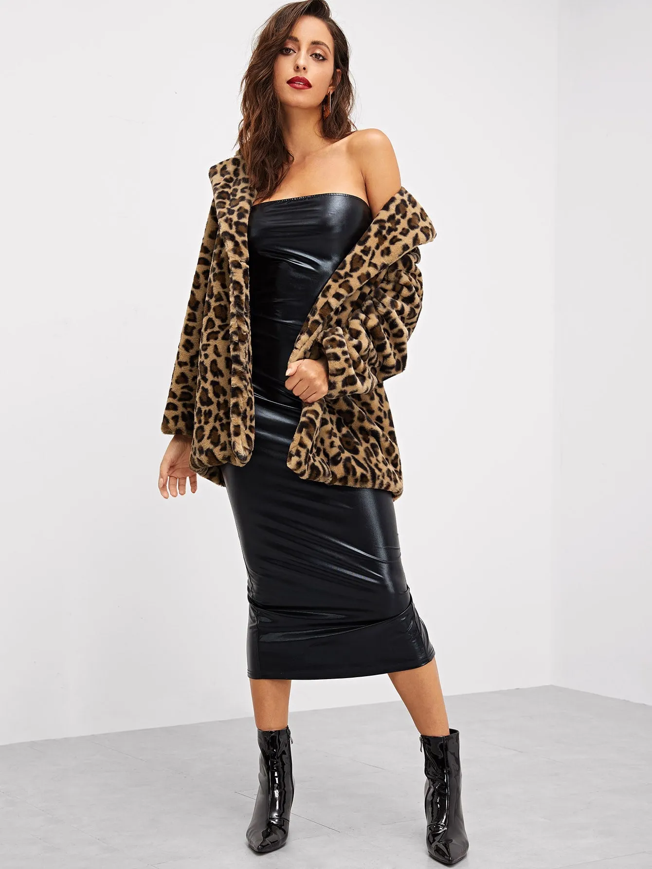 Notch Collar Leopard Print Teddy Coat