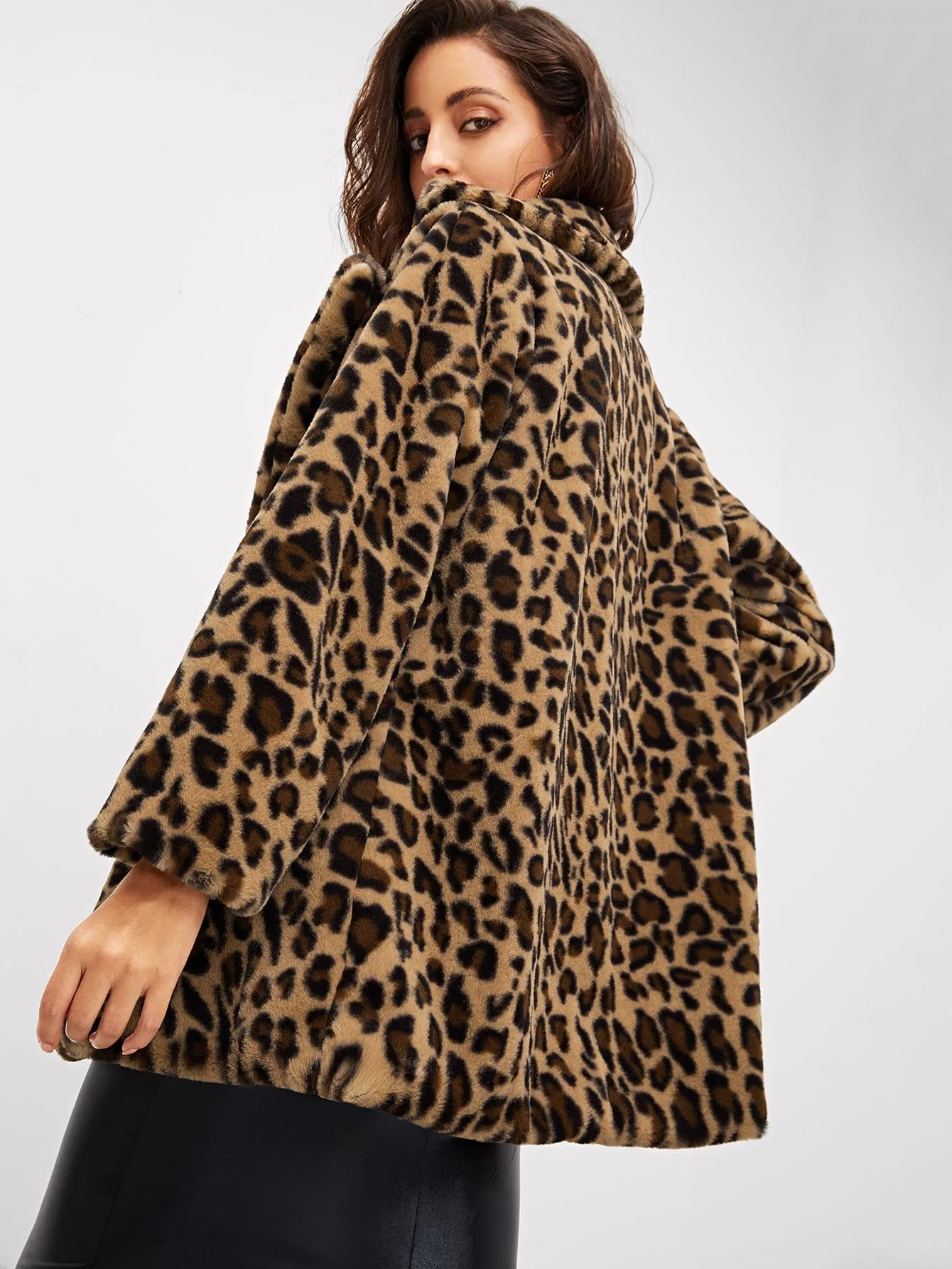 Notch Collar Leopard Print Teddy Coat