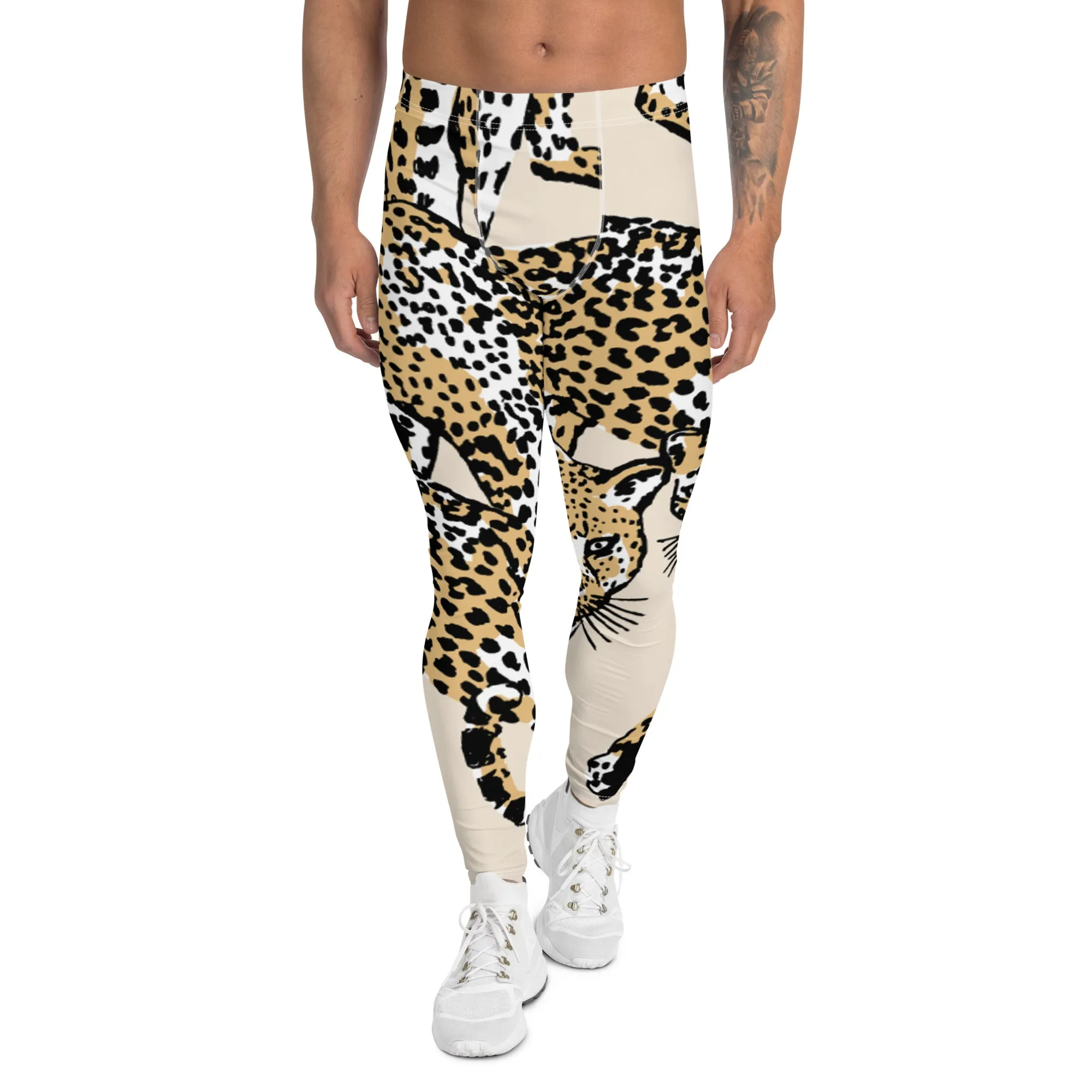 Nude Leopard Print Men's Leggings, Brown Animal Leopard Print Best Designer Meggings Tights-Made in USA/EU/MX