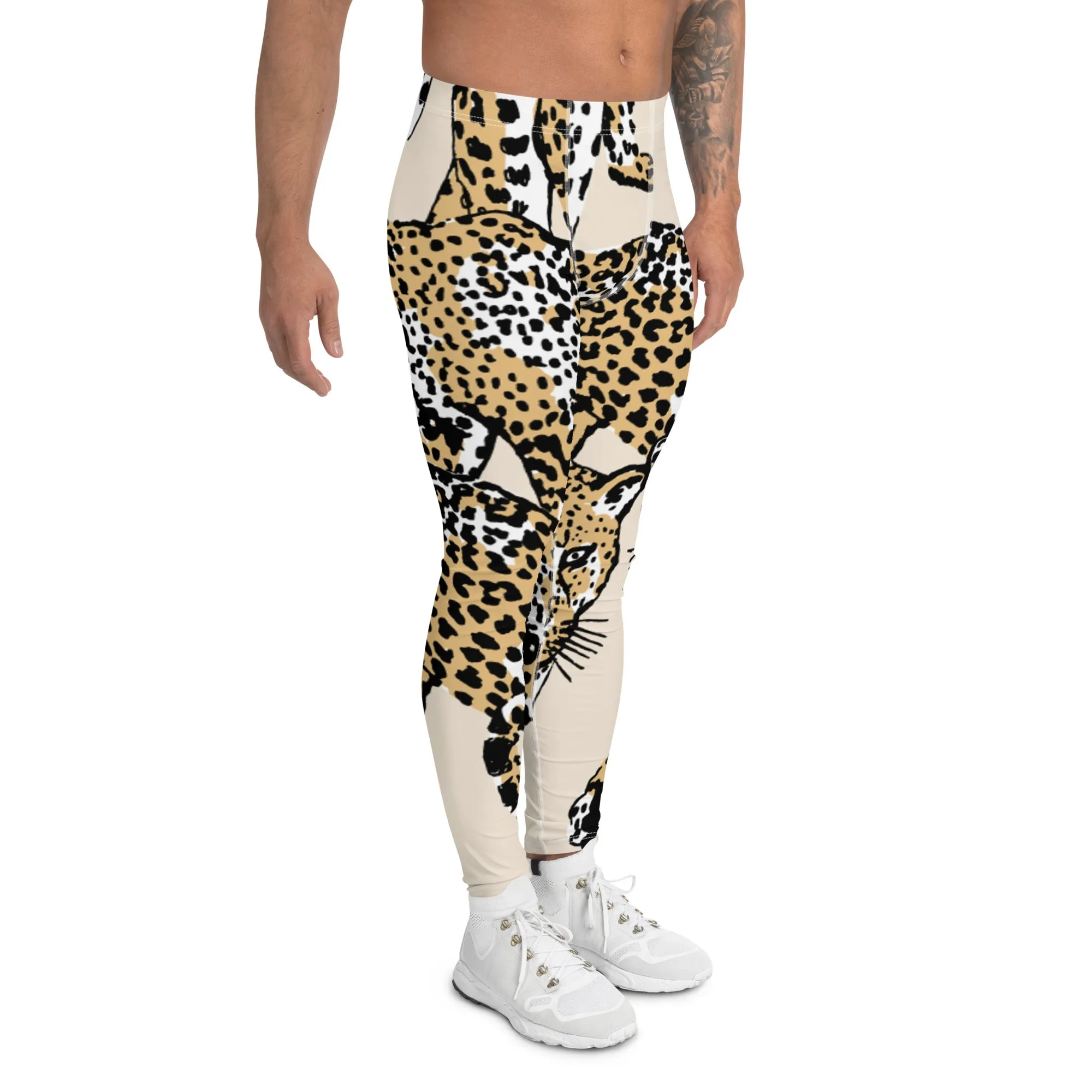 Nude Leopard Print Men's Leggings, Brown Animal Leopard Print Best Designer Meggings Tights-Made in USA/EU/MX