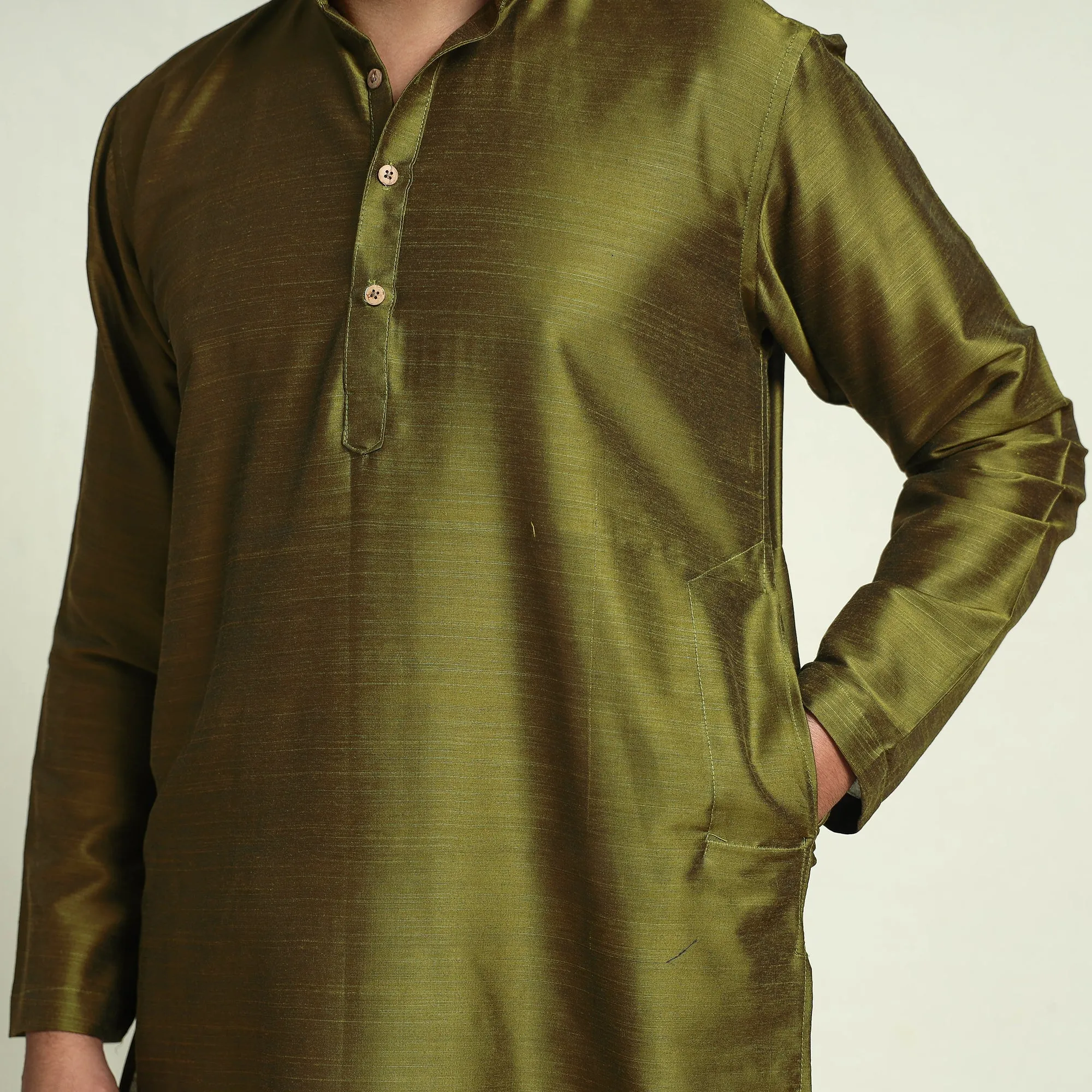 Olive Green - Plain Dyed Slub Silk Men Long Kurta