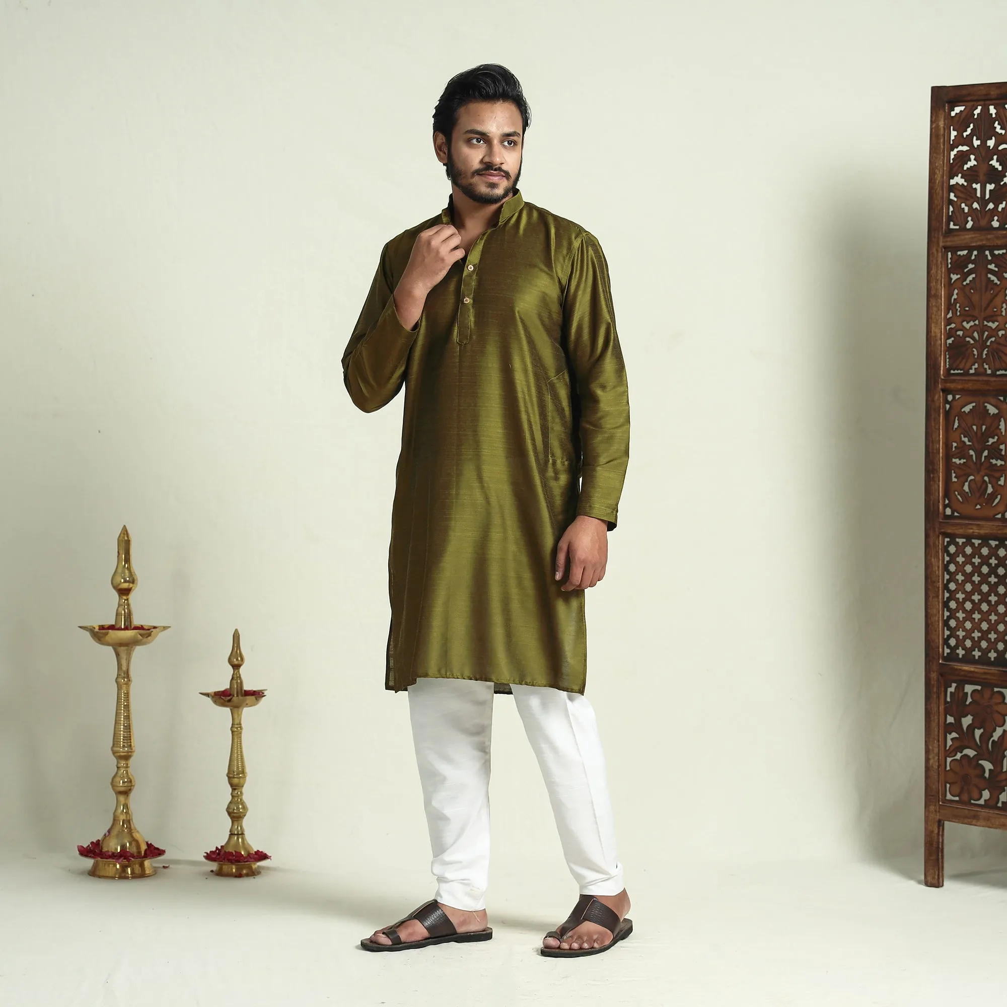 Olive Green - Plain Dyed Slub Silk Men Long Kurta