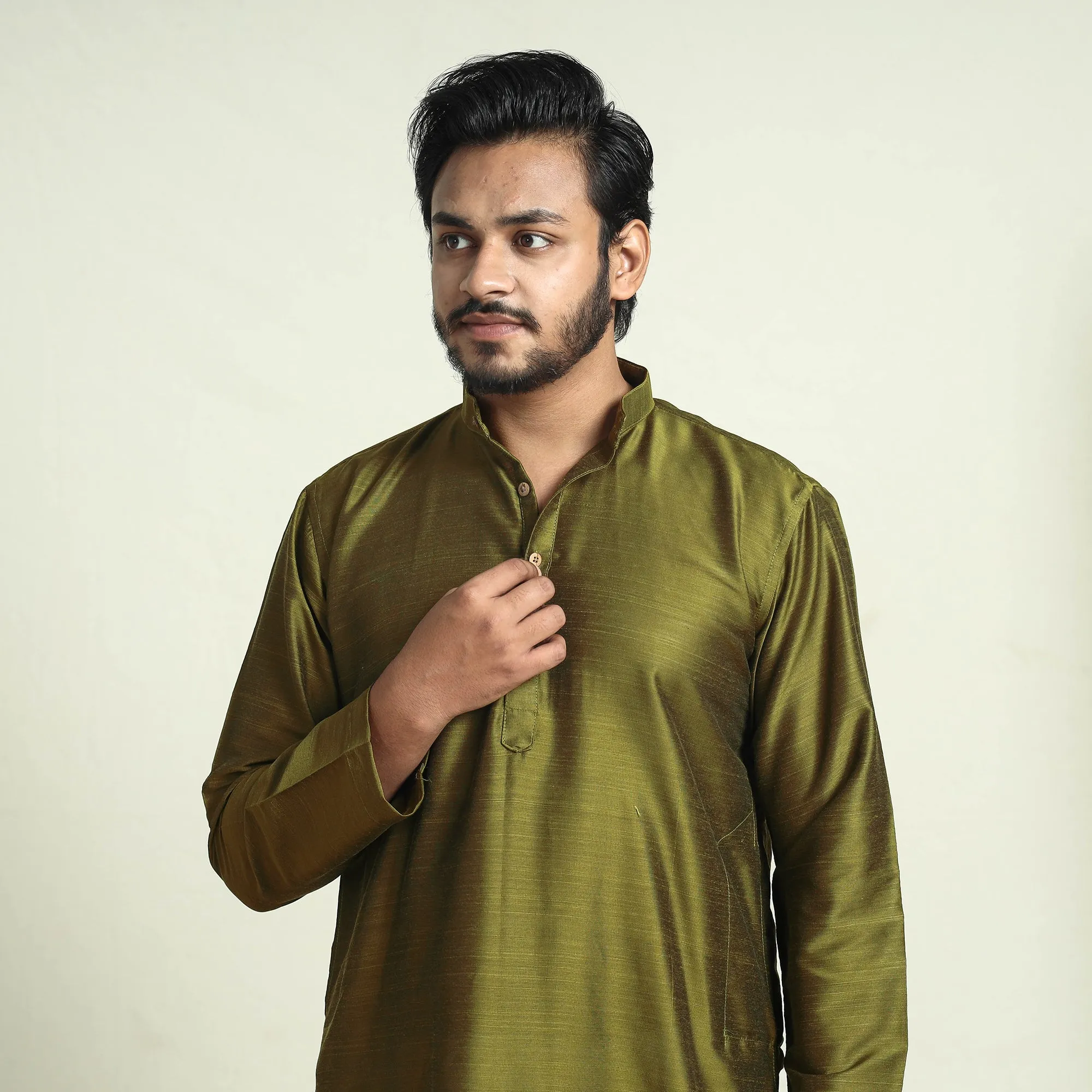 Olive Green - Plain Dyed Slub Silk Men Long Kurta